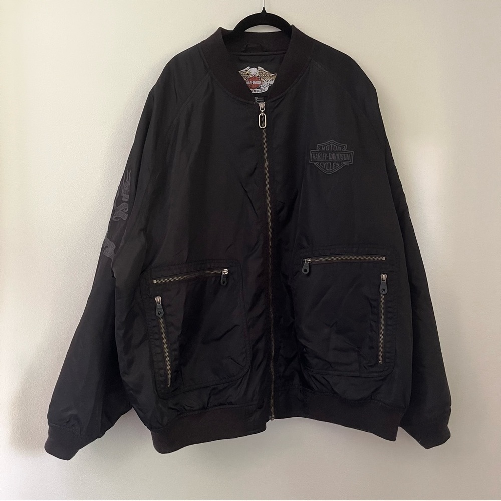 Harley Davidson Satin Zipper Leather Patch Bomber Jacket Black Xxl biker